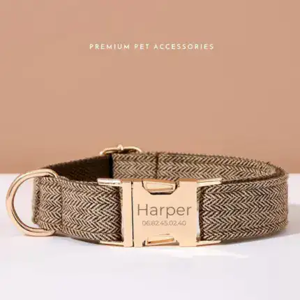 Dog Collar Set In Herringbone Fabric