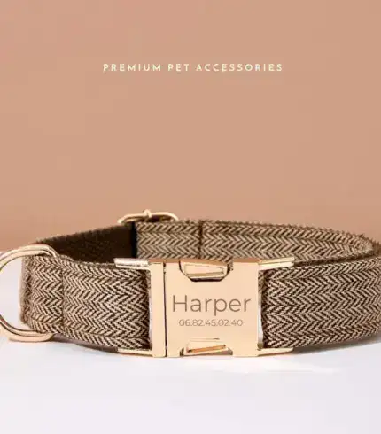 Dog Collar Set In Herringbone Fabric